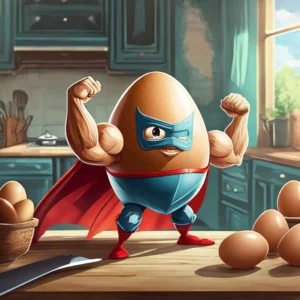 œuf musclé avec une cape de super héros dans une cuisine
