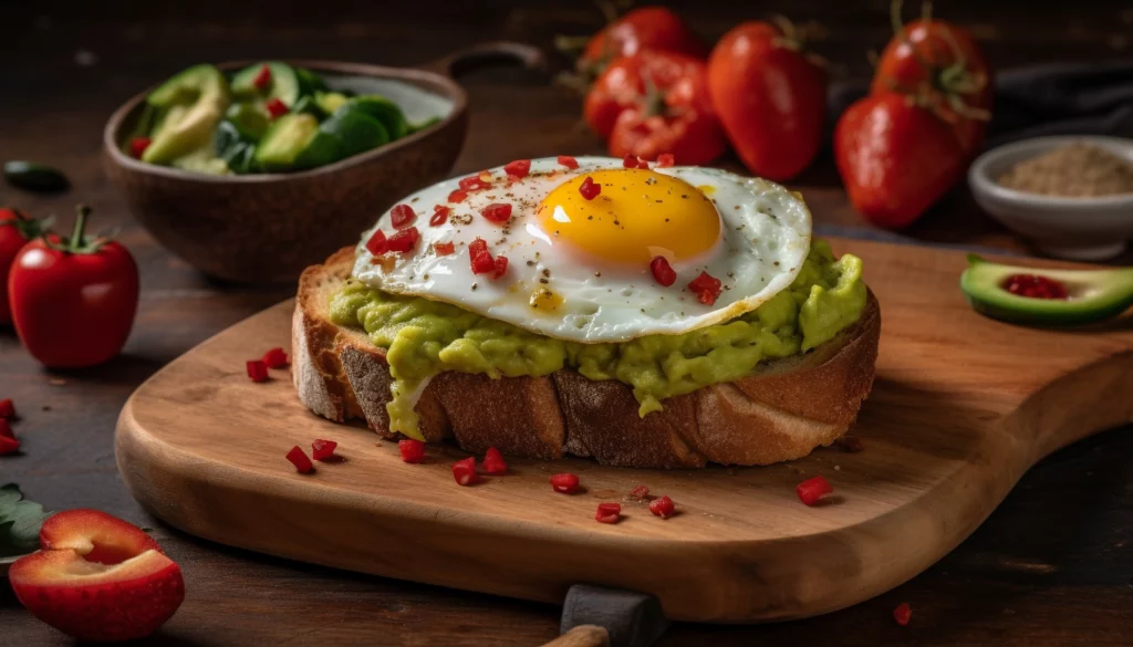 Toast avocat avec oeuf mollet sur le dessus et des épices