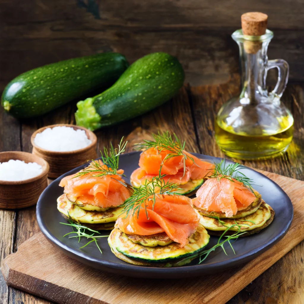 Assiette de blinis aux courgettes et saumon