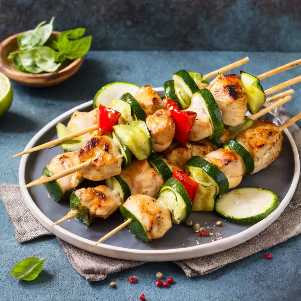 Brochette de poulet, de courgette et de poivron