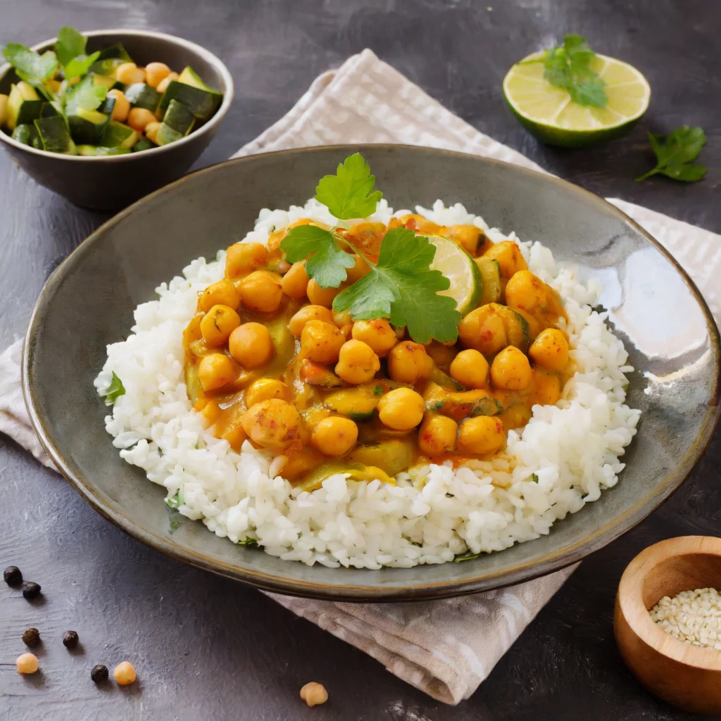 Assiette de riz avec des pois chiches et des courgettes au curry