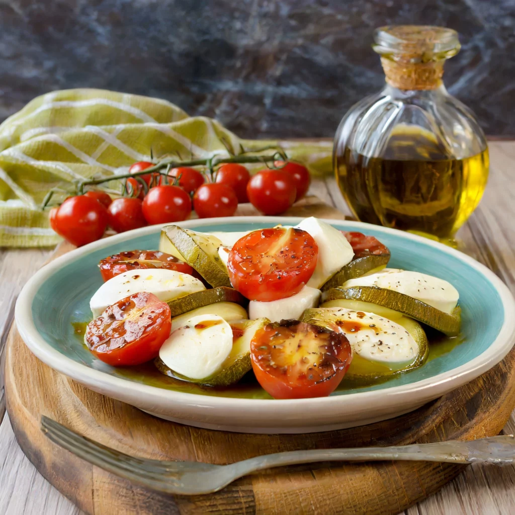 assiette de courgettes et de tomates avec de la mozza