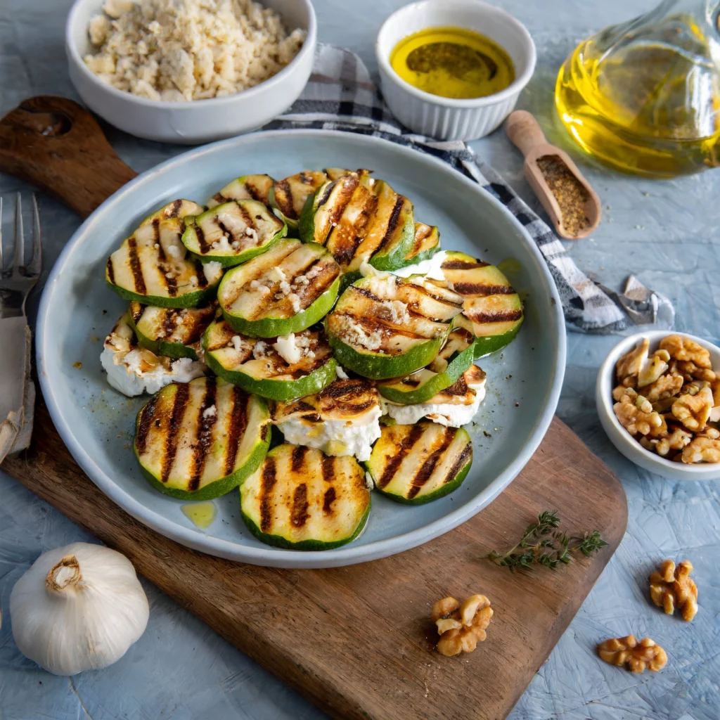 assiette contenant une salade de courgette grillée avec des noix et du chèvre